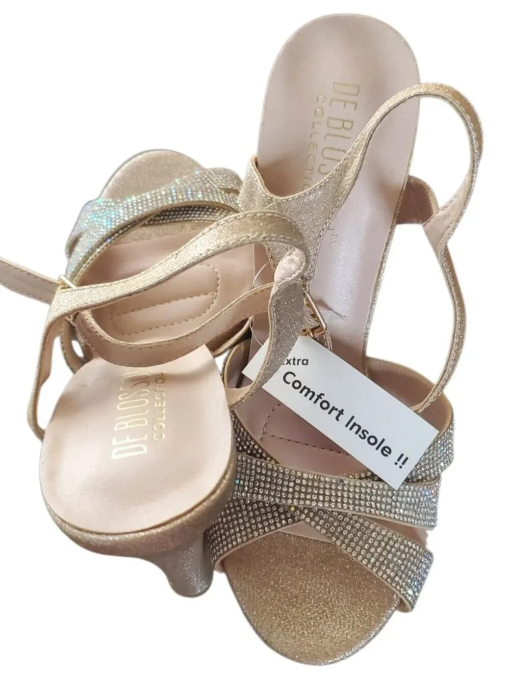 De Blossom Womens Rhinestone Gold Glitter Platform Heels Champagne Size 8